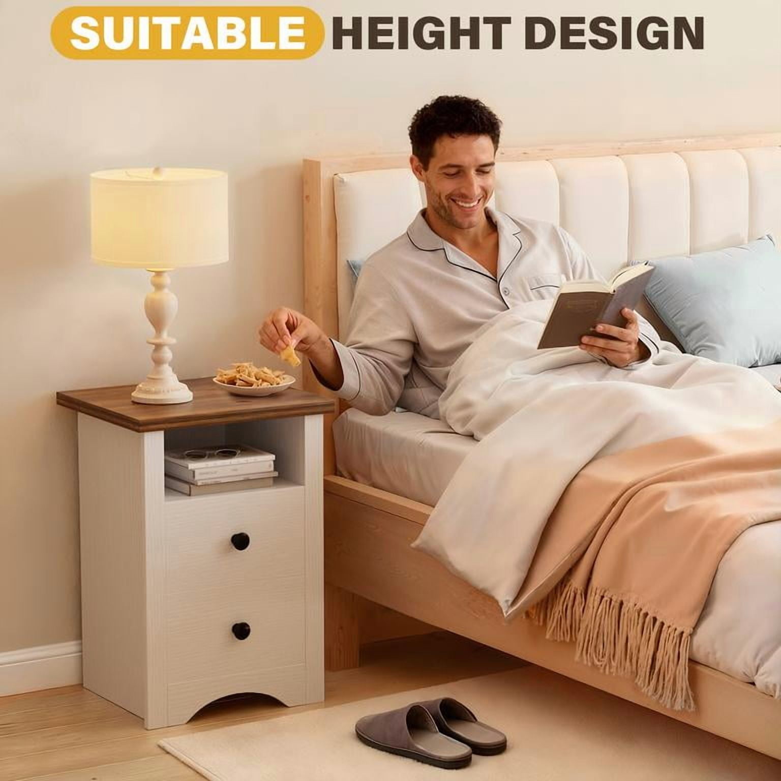Lacoo End Table Set of 2 with 2 Drawers & Open Shelf, Nightstand for Bedroom Wood Side Table for Living Room, White