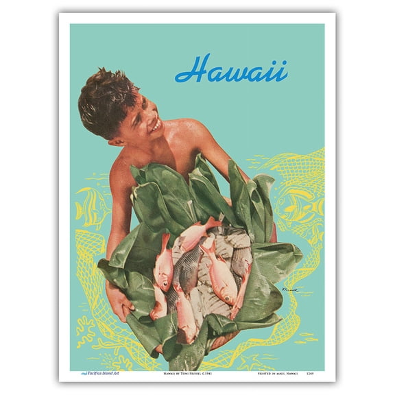 Hawaii - Hawaiian Boy with Fish in Ti Leaves - Vintage Travel Poster by Toni Frissel c.1941 - Master Art Print (Unframed) 9in x 12in