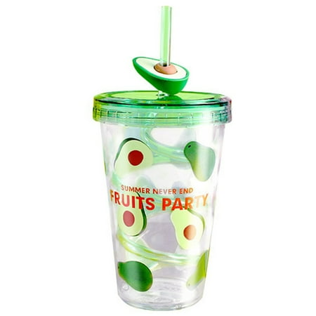

480Ml Plastic Cup Rotating Straw Cup Cute Fruit Pattern Student Plastic Water Cup Without Avocado