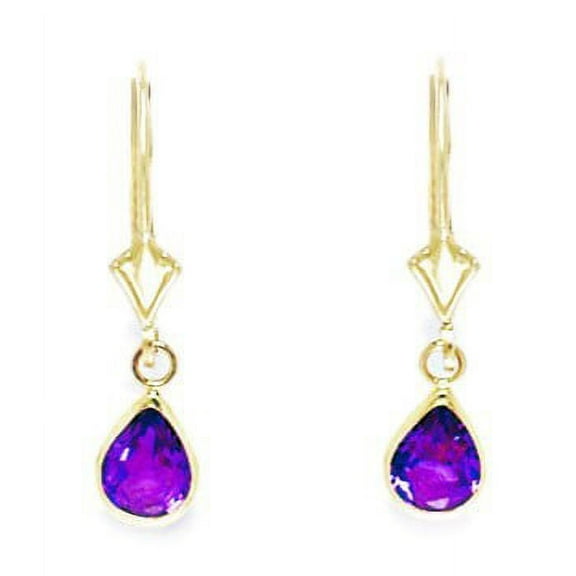 14k Yellow Gold February Purple CZ Pear Drop Leverback Earrings - Measures 25x6mm