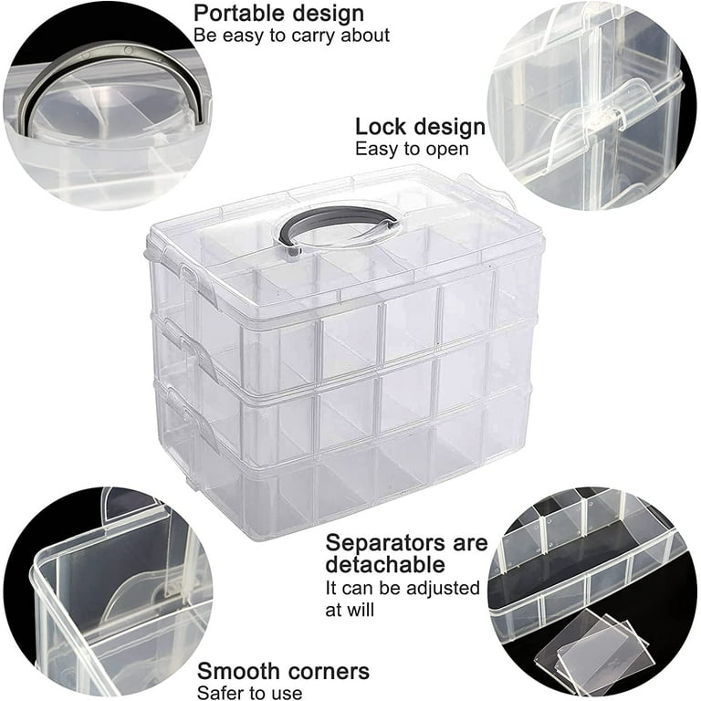 Belle Vous 3 Tier Blue Transparent Plastic Stackable Storage Box - Adjustable Compartment Slots - Max 30 Compartments - Container for Storing & Organ