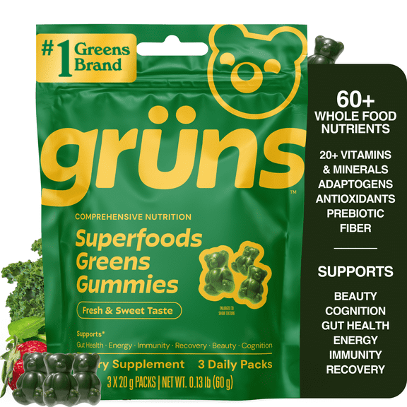 Gruns Adult Superfood Greens Gummies, with 60 Organic Ingredients, 21  Vitamins & Minerals, Prebiotics and Fiber for Digestion, Adaptogens, Spirulina & Chlorella, 3 Servings