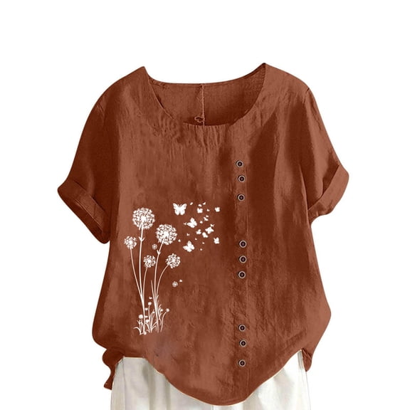 Cmfcve Summer Oversize Tops for Women Short Sleeve Round Neck Blouse Daisy Printed Button Tee Shirt Cotton Linen Loose Fit Summer Shirt