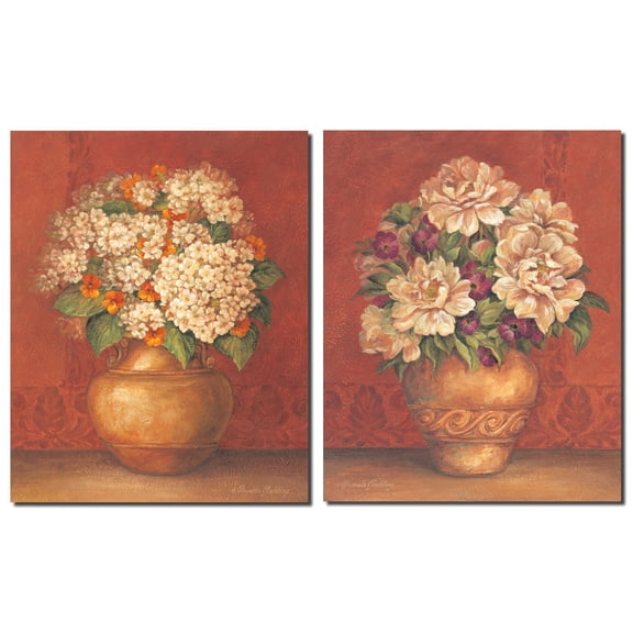 Tuscan Peonies and Hydrangeas; Lovely, Retro Flower Bouquets in Greek Vases; Two 8x10 Poster Prints