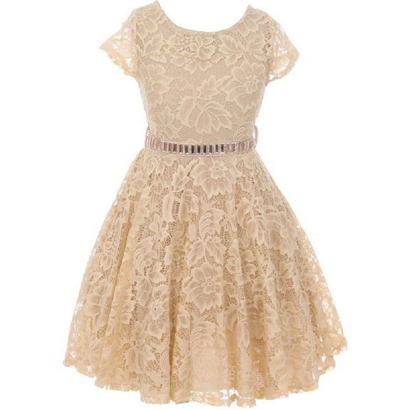 Little Girl Cap Sleeve Lace Skater Stone Belt Flower Girls Dresses (19JK88S) Champagne 2