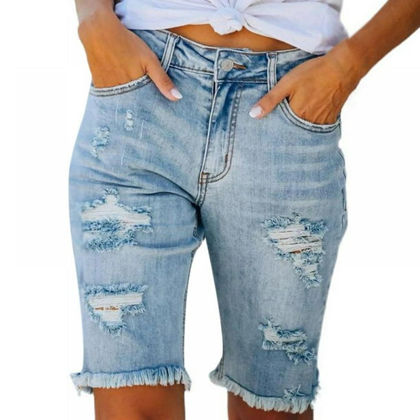 Womens High Waist Ripped Hole Washed Distressed Knee Length Short Jeans -  Walmart.com