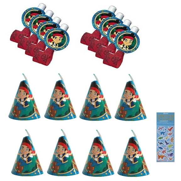 Jake and the Neverland Pirates Birthday Party Supplies Bundle includes 8 Party Hats, 8 Party Blowouts, 1 Dinosaur Sticker Sheet