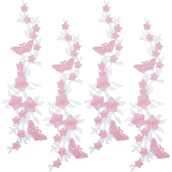 4PCS Embroidered Butterfly Decorative Patches and Flowers Floral Iron on Patches Sew on Embroidery Patches Applique for Clothes Jackets Jeans Neckline Embellishment Trimming (Pink)