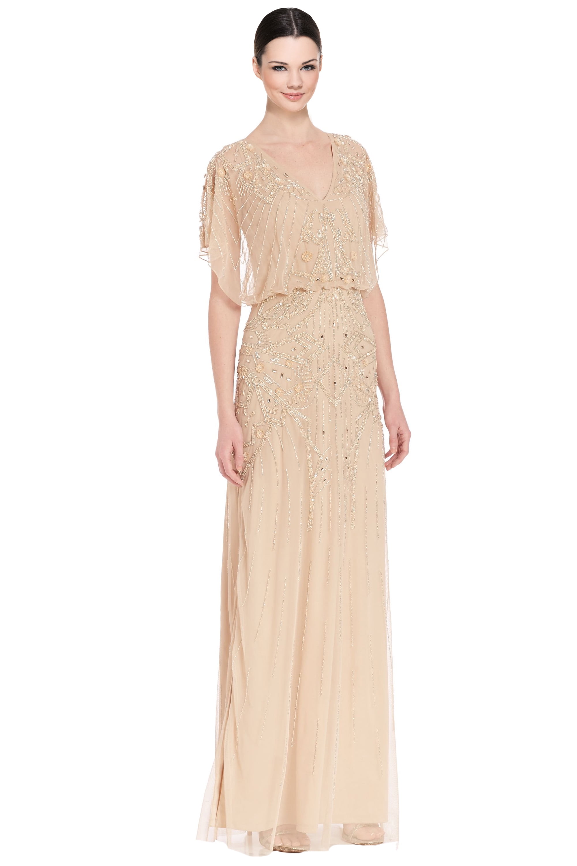 Aidan Mattox Flutter Sleeve Beaded V Neck Blouson Evening Gown