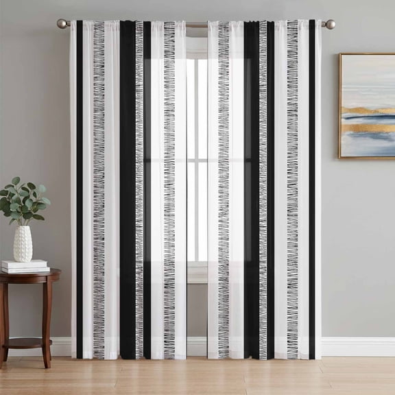 Modern Simple Art Sheer Curtains 63 Inches Long, Black Gray Vertical Stripes Pattern Light Filtering Window Curtains for Living Room, Rod Pocket Voile Sheer Curtain Drapes, 52"W x 63"L, 2 Panels