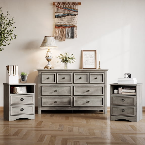 Holliwill Farmhouse 3 Pieces Bedroom Furniture Set, Wide 8 Drawer Dresser and 2 Drawer Nightstand, Grey