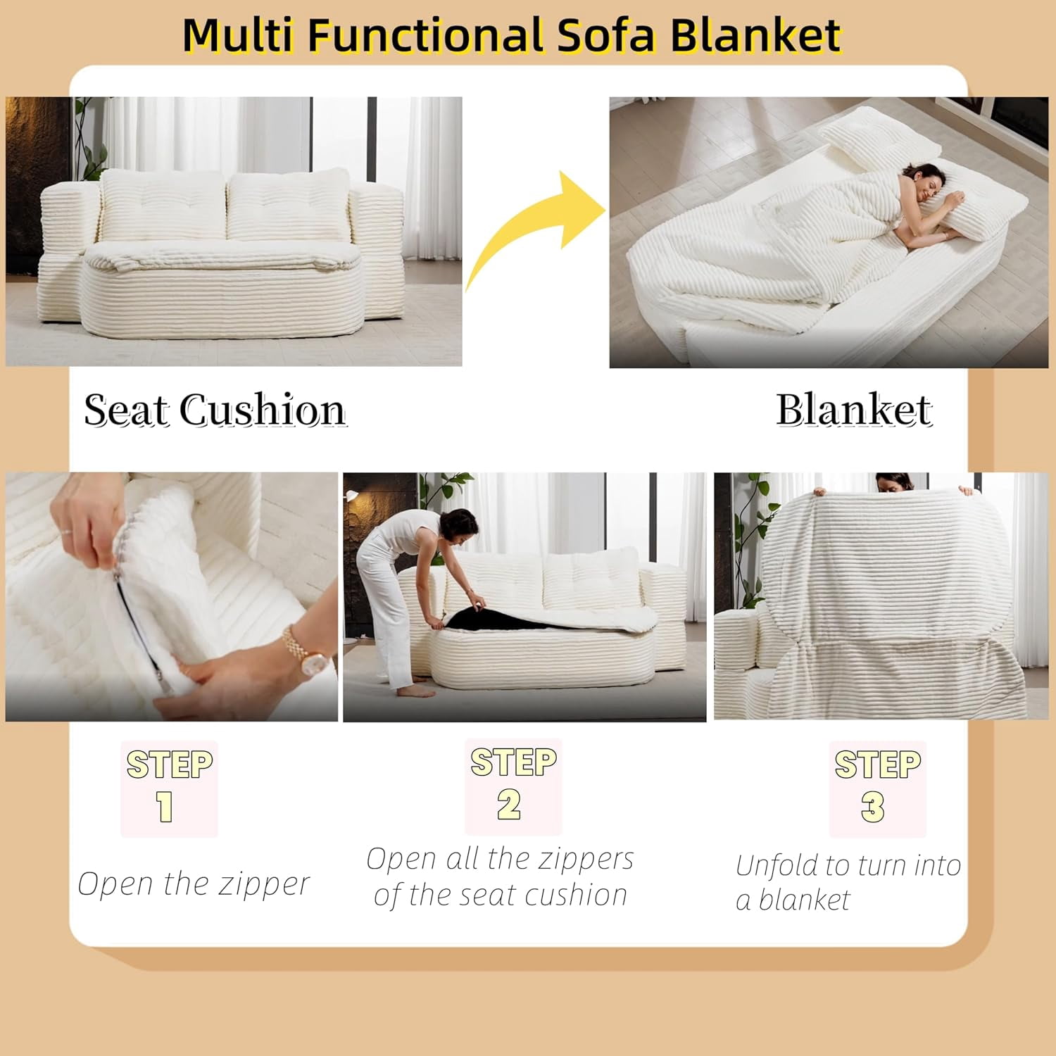 NeoKo 78" Full Size Floor Sofa, Folding Queen Sleeper Couch, Futon Loveseat Sofa, Corduroy Boneless Loveseat Couch, Fold Mattress Bed for Living Room, Guest Use, Office, Apartment, Beige