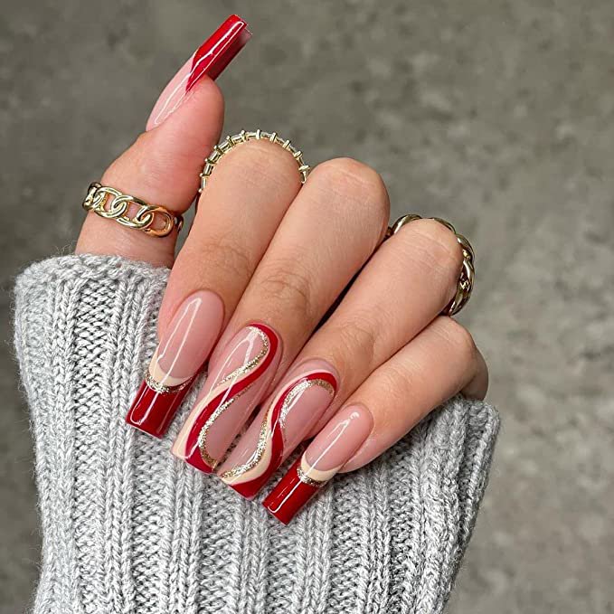 Glossy Pink Press On Nails Extra Long Glue On Nails With Red Stripes Pattern Coffin Square Stick On Nails Luxury Acrylic Nails For Women Girls Diy Nail Manicure 24 Pcs False Nails Walmart Canada