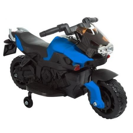 Electric Motorcycle – 2-Wheel Sport Bike with Training Wheels and Reverse -Blue.