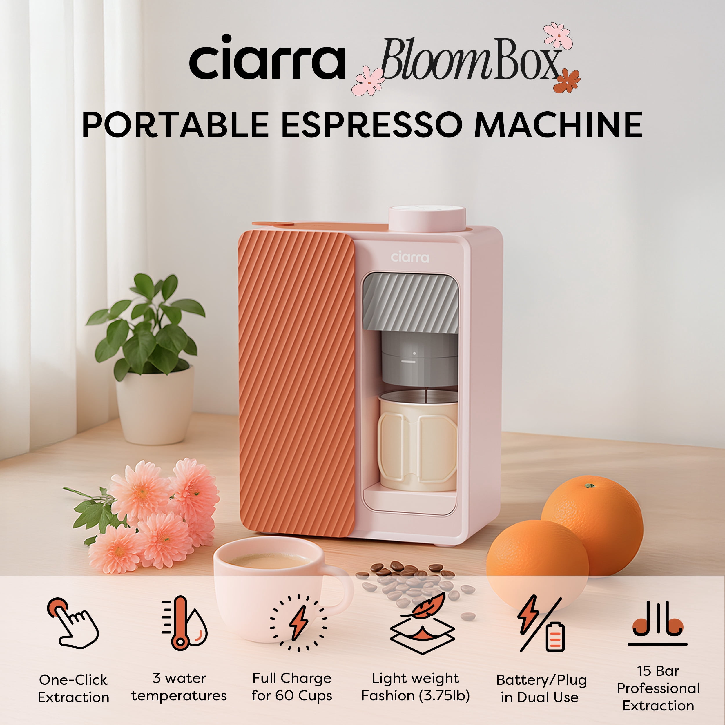 Ciarra Bloombox Portable Espresso Maker, Dual Power (AC & Battery), 15-Bar Mini Coffee Machine