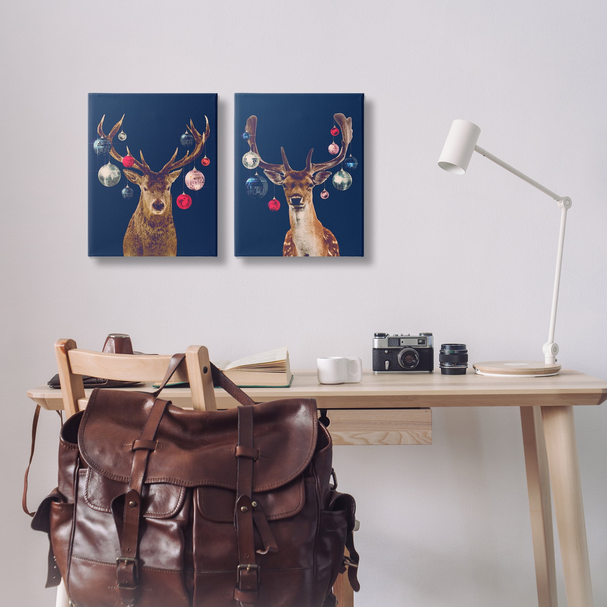 Stupell Industries Navy Brown Disco Deer Holiday Painting Wrapped Canvas Art Print Wall Art, 16 x 20, Set of 2