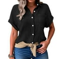 thumbnail image 2 of GXIPO Button Down Shirt Women Cotton Short Sleeve Blouses V Neck Collared Button Up Summer Beach Tops Black M, 2 of 6
