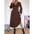 thumbnail image 6 of Pleated Satin Bridesmaid Dress V-Neck Long Sleeve Maxi Dresses for Women Brown M, 6 of 9