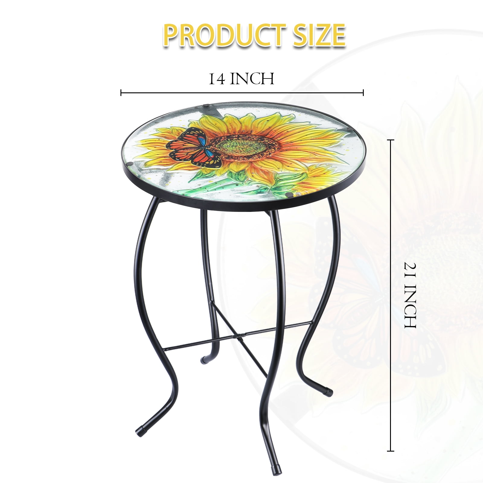 Patio Side Table Outdoor Accent Table Bistro Coffee Table Plant End Table Small Porch Table Indoor Round Glass Balcony Plant Table Stands Sunflower