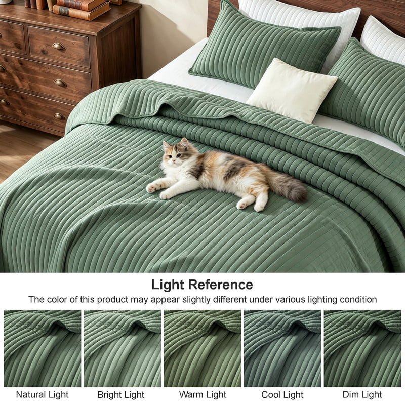 Exclusivo Mezcla Full Queen Quilt Bedding Set, Stripe Stitching Dark Green Quilts Queen Size for All Seasons, Soft Lightweight Microfiber Bedspreads Coverlets Bed Cover, 90"x96"