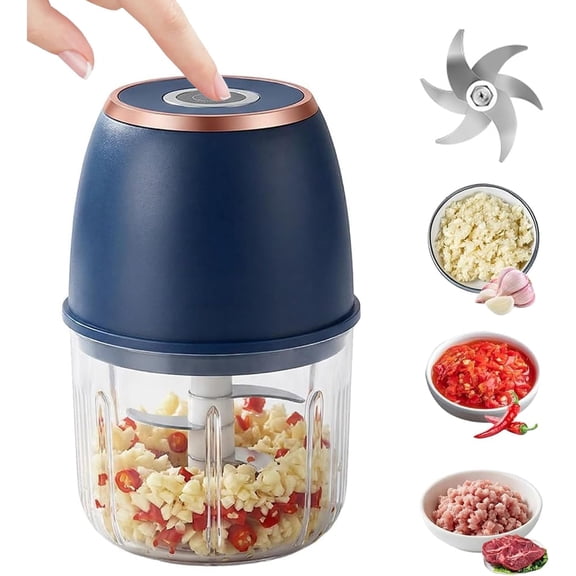 Electric Garlic Chopper, Mini Cordless Food Processor, 6 Stainless Blades, 350ml Glass Bowl