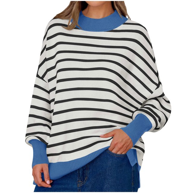 Pisexur Chandails pour Femmes Col Rond Chandails Rayés Tendance Manches Longues Chandail Tricoté Hauts Mode Décontractée Automne Chandails Blouse Ample Chandail Chandails pour Femmes