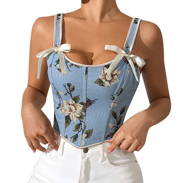 Brasier Corsé de Tirantes para Mujer con Chaleco Retro Floral, Liguero Floral Que Envuelve El Pecho y Se Ata Al Cuerpo. Mediana