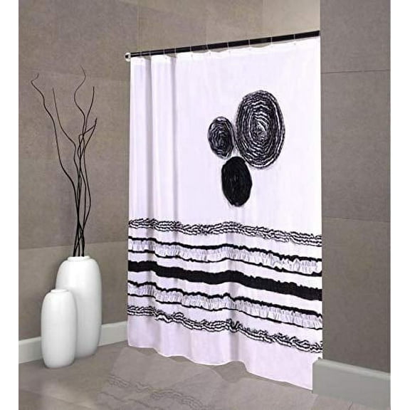 Boho Chic Decor Ruffled Elegant Shower Curtain (White/black)