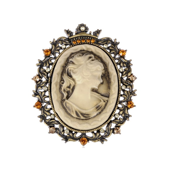Vintage Inspired Brass Tone Topaz Crystal Rhinestone Cameo Lady Maiden Fashion Pin Brooch