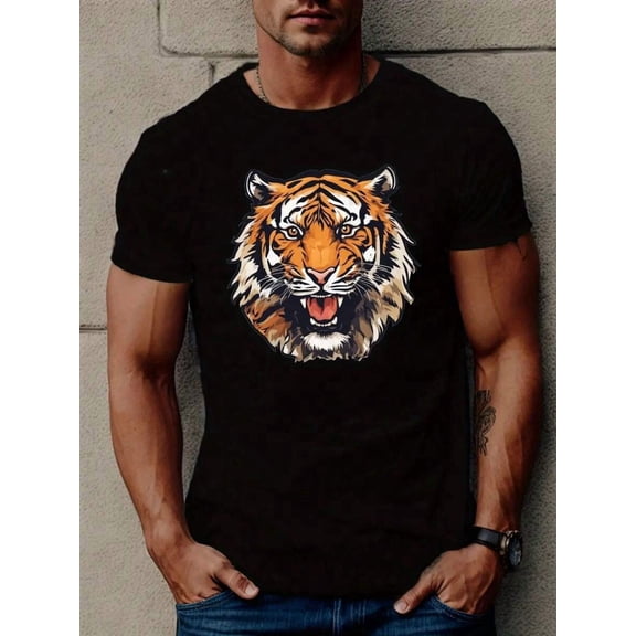 [Sporty T-Shirt]Angry Tiger Print T Shirt, Tees For Men, Casual Short Sleeve T-Shirt For Summer |   Relaxed Fit |   Plus Size