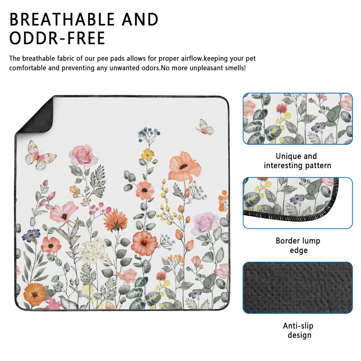 Large 72x72 Inch Washable Puppy Pads with Flower Print, Reusable Highly Absorbent Dog Wee Pads, Non-Slip Backing for Hard Surface Floor Protection