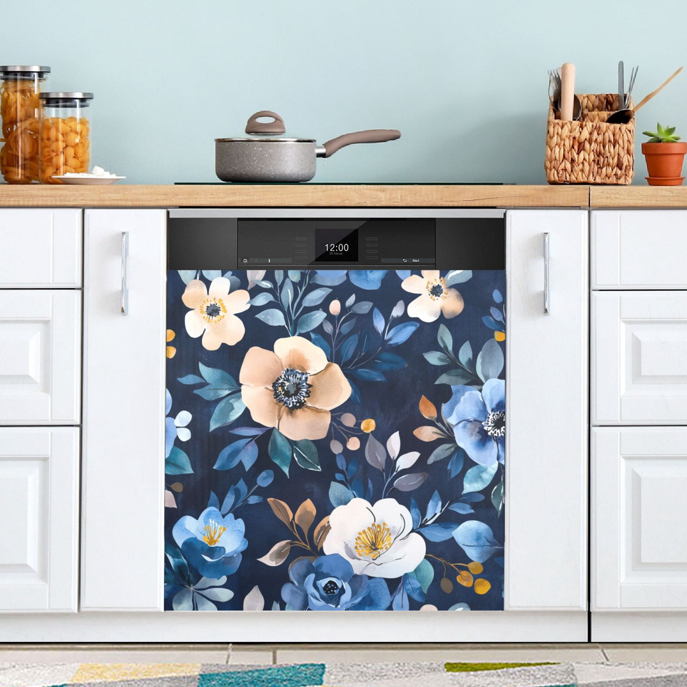 Dishwasher Magnetic Sticker 23x26 Inch Refrigerator Magnetic Sticker Washing Machine Magnetic Sticker Kitchen Panel Magnetic Sticker Home Decor Vibrant Navy Flowers