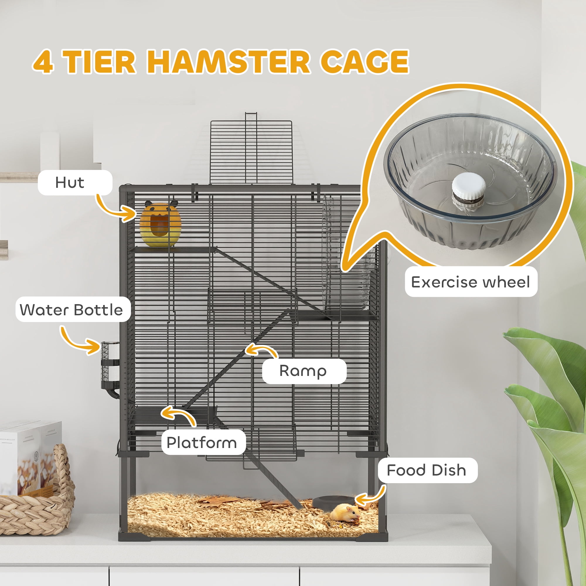 PawHut Deep Glass Bottom Hamster Cage, 4 Tiers Hamster Tank with Running Wheel, Hut, Water Bottle, Food Dish, Rat Cage, Black, 24" x 16" x 31.5"