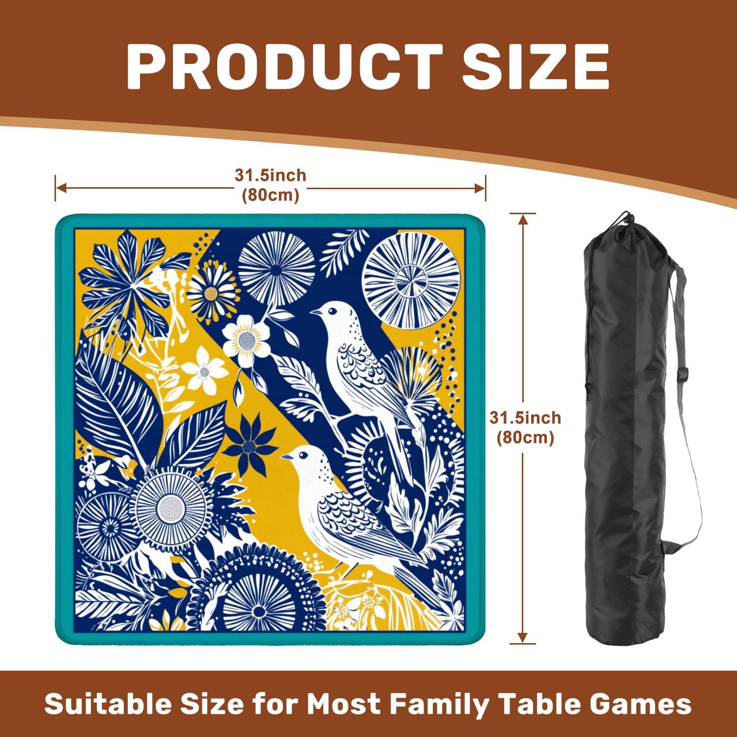 Mahjong Mat 31.5" x 31.5" Floral Bird Design Blue Yellow Abstract Elements Non-Slip Noise Reduction American Mahjong Tiles Table Cover for Dominoes Poker Card Board Games Gift