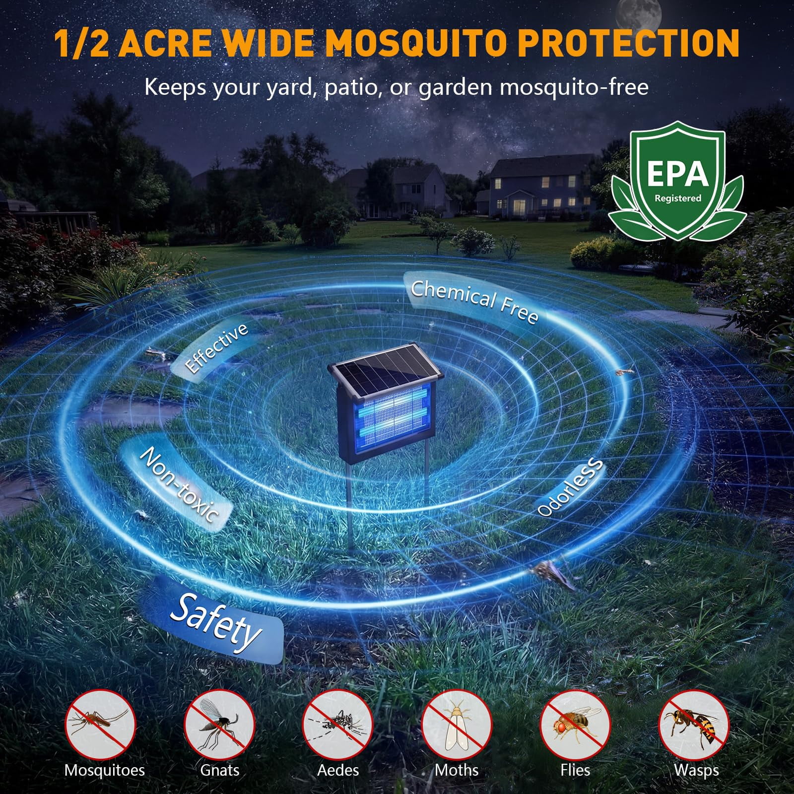 Solar Zapper Outdoor  4500v Mosquito For & Indoor 1/2 Acre Coverage Cordless Rechargeable Electric Fly Ipx5 Waterproof Traps Backyard Patio Camping