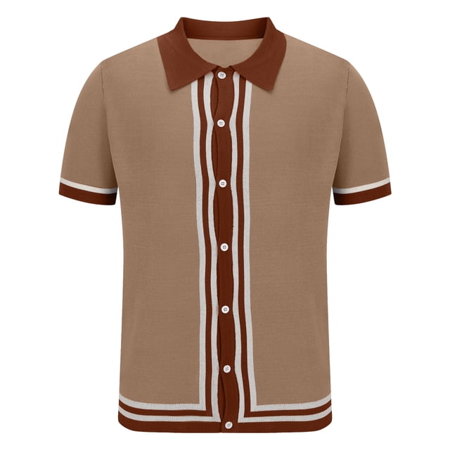 Camisas Casuales de los Hombres de Punto Suelta Camisa de Manga Corta Al Aire Libre, Top de Verano a Rayas con Cuello Plegable, Camisas de Verano de los Hombres