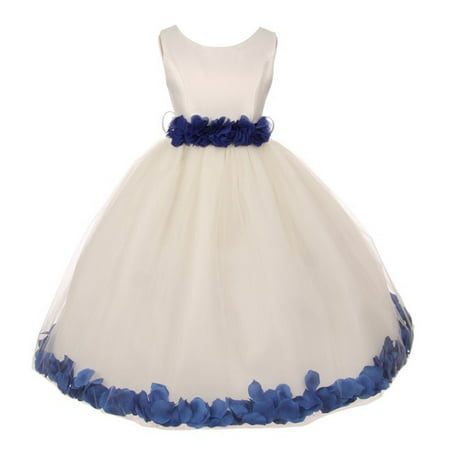 Girls Ivory Royal Blue Floral Petals Adorned Junior Bridesmaid Dress