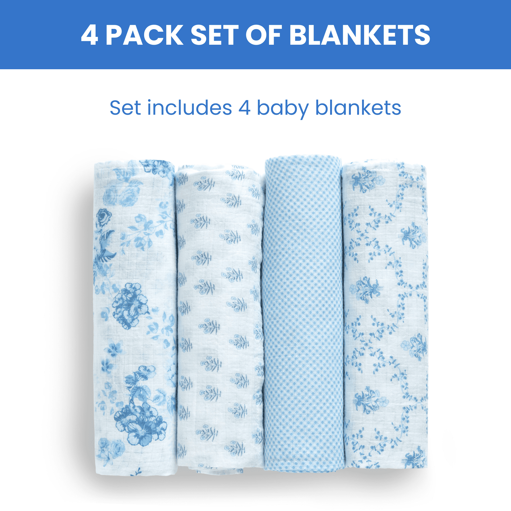 Delta Children 100% Cotton Muslin Baby Receiving Blankets for Girls and Boys – 47x47 Inches (Pack of 4), Blue Botanicals