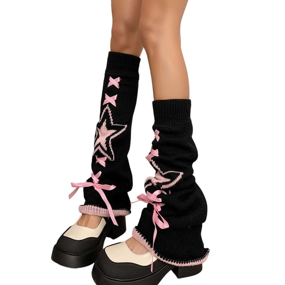 CUZIBR Cozy Socks For Women Knitted Leg Warmers Flared Boot Sleeves Star Print Ribbon Boho Knee High Footless Socks Athletic Layered Leggings Casual Breathable Socks,Pink,One Size