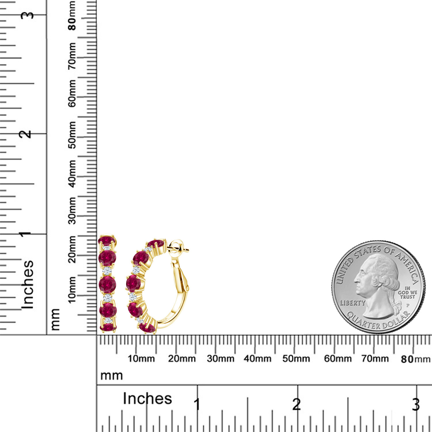 Gem Stone King 18K Yellow Gold Plated Silver Red Created Ruby and White Zirconia Hoop Earrings for Women (2.74 Cttw, Round 4MM and 1.9MM, 1 inch Diameter)