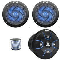 Pyle PLMRBT18 Bluetooth Audio Amplified Marine Waterproof Controller, Pyle PLMRS5BL 5.25" 180W Max Power 2-Way Low Profile Slim Style Blue LED Boat Black Speakers (1 Pair), 50 Feet 18G Speaker Wire