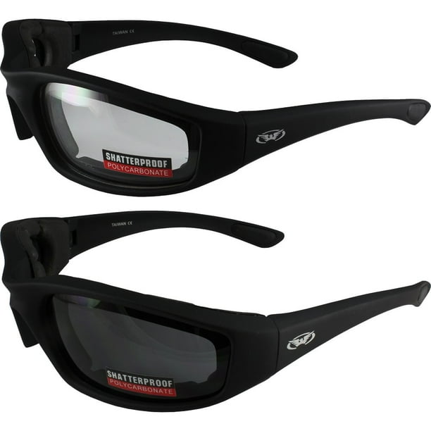 Two (2) Pairs Kickback Padded Motorcycle Sunglasses Black Frame Clear