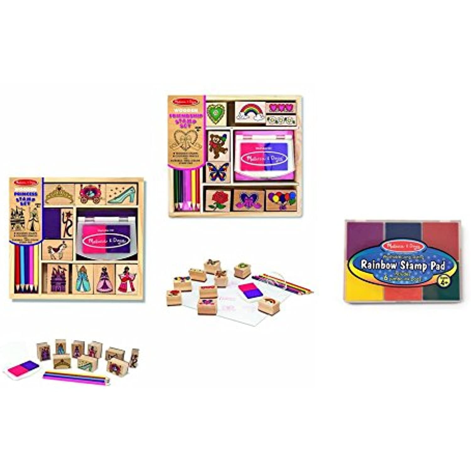 Melissa & Doug Wooden Stamp Set Bundle - Princess and Friendship Stamp with Bonus Rainbow Stamp