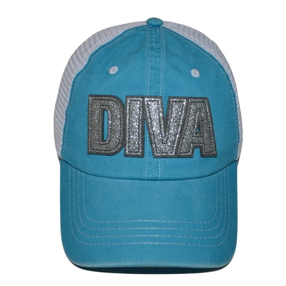 Popfizzy Womens Diva Baseball Caps, Bling Trucker Hat, Girls Baseball Cap with Sayings, Fancy Sparkle Ballcap, Adjustable Snapback Low Profile Hats Silver, Teal