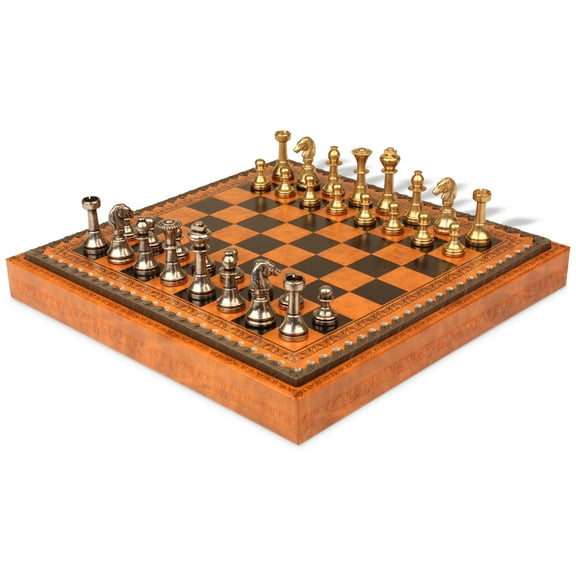 Small Staunton Solid Brass Chess Set with Leatherette Board & Tray