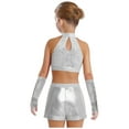 thumbnail image 2 of inlzdz Kids Girls Jazz Latin Dance Outfits Sequin Halter Crop Tops with Shorts Tassel Gloves Dancewear Silver 16, 2 of 7
