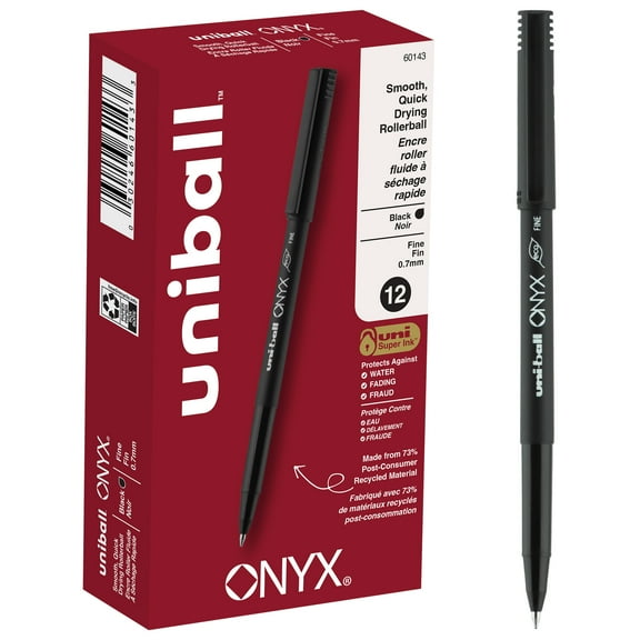 uni-ball Onyx Roller Ball Stick Dye-Based Pen, Black Ink, Fine, Dozen