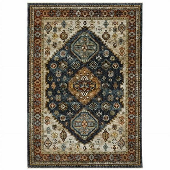 2 x 3 ft. Blue Rust Red Beige Orange Gold & Tan Oriental Power Loom Stain Resistant Rectangle Area Rug with Fringe