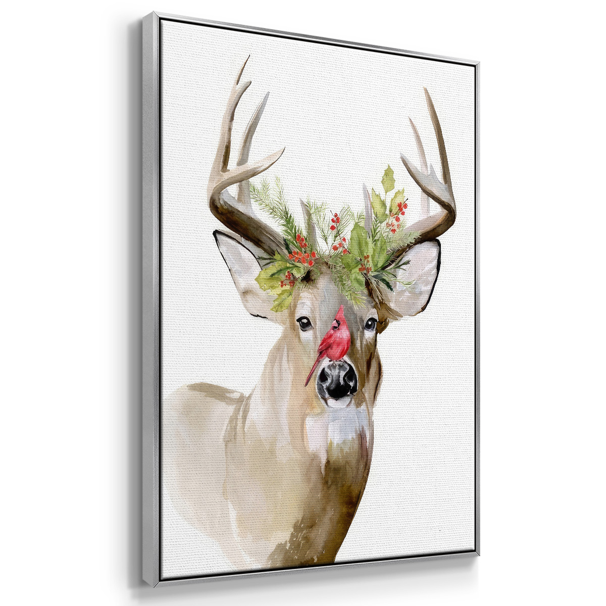 Holiday Deer II - Framed Gallery Wrapped Holiday Canvas - 17 x 25 - Silver Frame