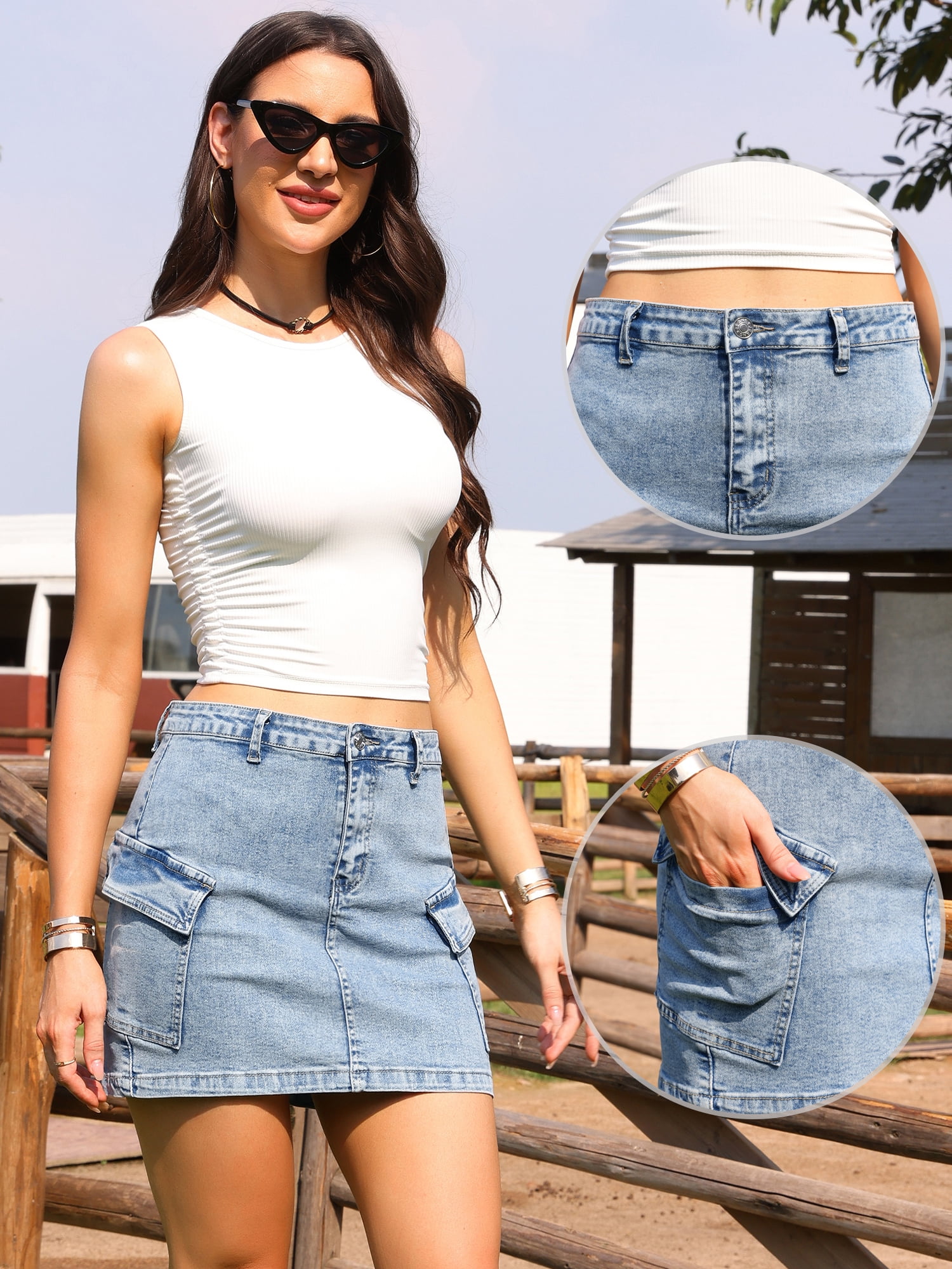 DARING DIVA Women's Mini Stretch Flap Pockets Y2K Bodycon Jean Skirts Small Light Blue